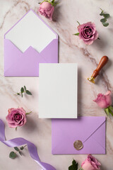 Blank wedding invitation card mockup with space for text, violet envelopes, ribbon, roses flowers on marble background. Flat lay, top view.