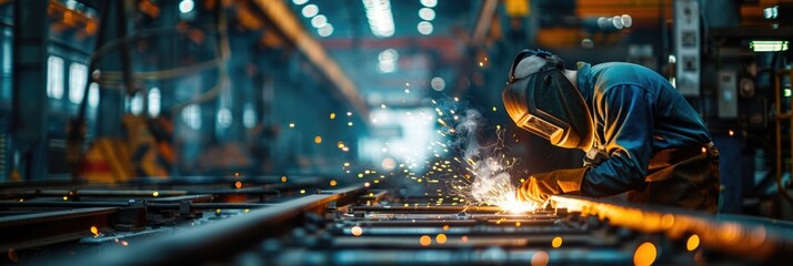 Industrial Worker Welding Metal with Bright Sparks in Factory