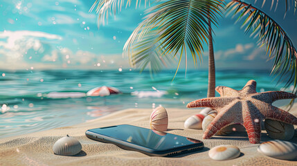 The portrayal of a summer vacation features elements such as a smartphone, ocean, beach, and palm trees, subtly suggesting the integration of work and leisure activities