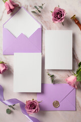 Elegant wedding stationery set on marble desk. Top view blank wedding invitation cards mockups, violet envelopes, roses flowers.