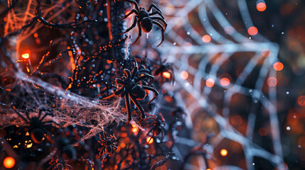 Close-up of Halloween Decorations: Spiders and Webs - obrazy, fototapety, plakaty