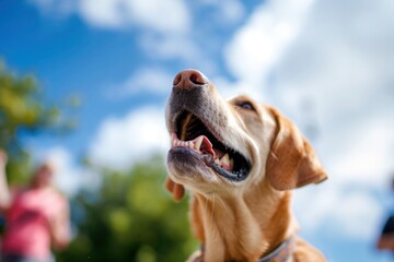 Upward view of a contented dog against a summer sky, with people becoming a pleasing blur in the background,
