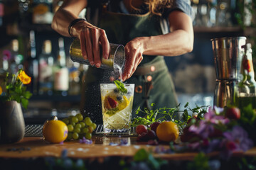 Barman pouring fresh alcoholic drink into the glass with ice cubes. Professional bartender prepare a fresh cocktail. Generative AI - obrazy, fototapety, plakaty