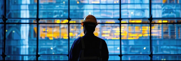 Silhouetted Construction Worker Overlooking Cityscape at Dusk - obrazy, fototapety, plakaty
