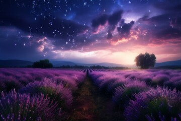 Sunset over a violet lavender field .Valensole lavender fields,