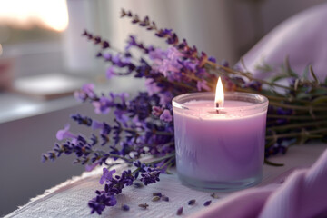 Obraz na płótnie Canvas Aromatherapy concept. Violet scented candle with lavender flowers. Generative AI
