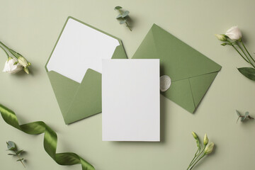 Wedding invitation mockup with green envelopes and flowers on pastel green table. Wedding stationery.