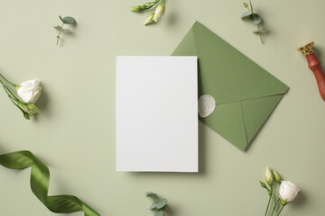 Top view blank paper card wedding invitation mockup with green envelope, wax stamp, ribbon, flowers on green background.