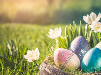 A vibrant springtime scene featuring colorful Easter eggs nestled in fresh green grass, perfect for conveying warm holiday wishes. - Powered by Adobe