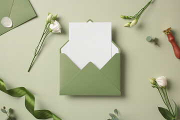 Green envelope with blank paper card inside, wax stamp, ribbon on green background. Wedding invitation mockup, romantic letter concept.