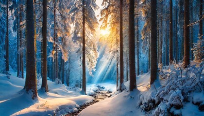 The sun shines through the river through the forest in winter