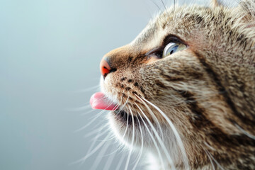 Naklejka na ściany i meble Lovely fluffy cat licking its lip. Generative AI
