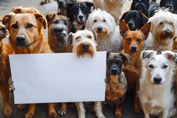 In a heartwarming display of cooperation and companionship, dogs of diverse breeds hold a white sheet of paper in their paws, showcasing their individuality and intelligence. - obrazy, fototapety, plakaty
