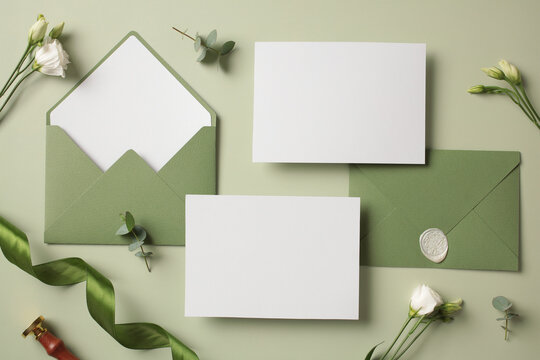 Blank paper cards with green envelopes, ribbon, flowers on pastel green background. Top view wedding stationery set.