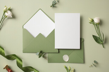 Wedding stationery set on green background. Top view.