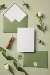 Wedding stationery set. Blank paper card invitation for wedding, wax stamp, green envelopes, flowers, wax stamp on green table.