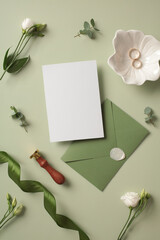 Flat lay composition with wedding invitation mockup, green envelope, wax stamp, flowers and gold rings on pastel green background.