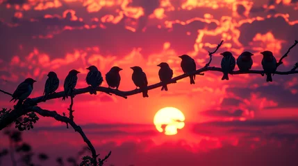 Fototapeten A group of birds sits on the tree at sunset © senadesign