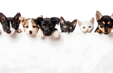 row of adorable cats and dogs peeking out from behind a white blank poster on a clean white background, ideal for widescreen desktop wallpaper, copy space, animal hospital
