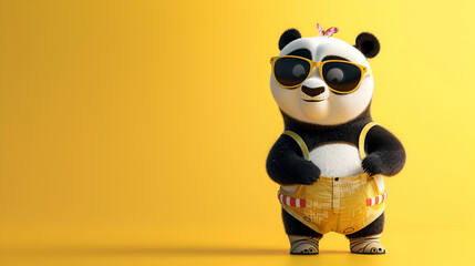 A panda bear with sunglasses and underwear on a yellow background - obrazy, fototapety, plakaty