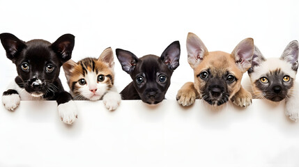 row of adorable cats and dogs peeking out from behind a white blank poster on a clean white background, ideal for widescreen desktop wallpaper, copy space, place for text