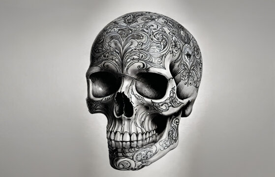 Tattooed skull. Bone tattoos, tattoo artist, black and white image, darkness, eye-catching, rock, metal, illustration of large skull with ink drawings on the surface. Internal tattoo.