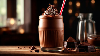 A glass of chocolate milkshake adorned with vanilla ice cream and chocolate syrup