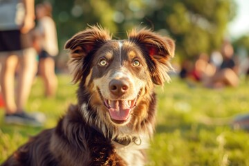 Fototapeta premium Happy dog enjoying a summer day, with people in the background softly blurred