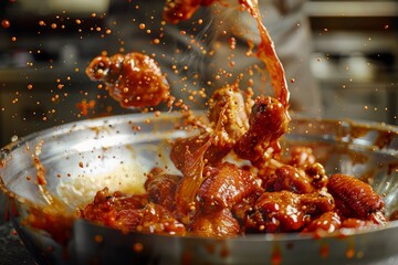 Saucy Buffalo Wings Caught in Mid-Toss, Vibrant and Spicy