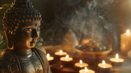 Close-up of Buddha statue with flickering candles and soft smoke