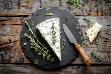 Gourmet Brie Cheese with Herbal Garnish on Rustic Slate