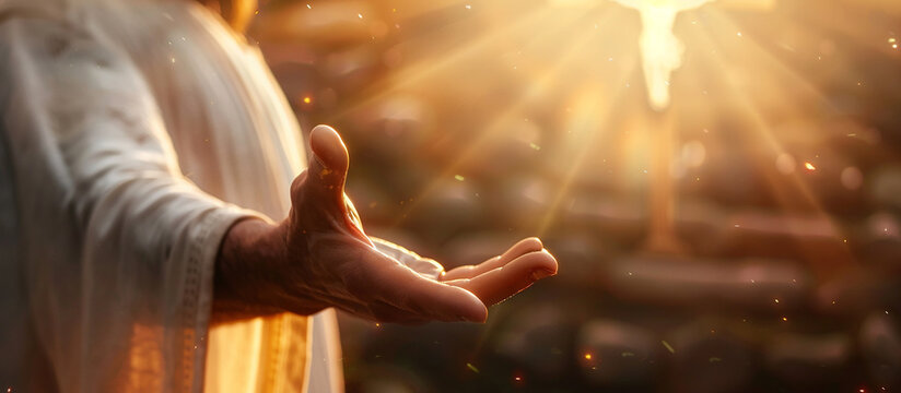 Jesus reaching out his hand against dark background Resurrected Jesus Christ reaching out hand and praying