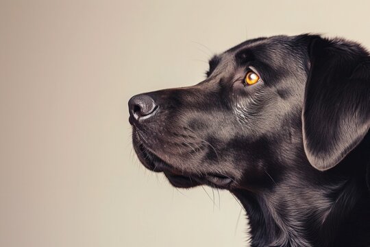 Labrador portrait in close-up, positioned on the left against a neutral background with space for text on the right (Copy Space).