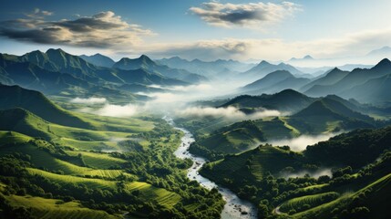 Landscape with mountains and river in the morning. - obrazy, fototapety, plakaty