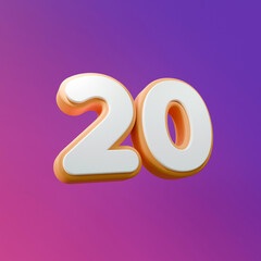 White twenty or 20 with yellow outline isolated over purple background. 3D rendering number.