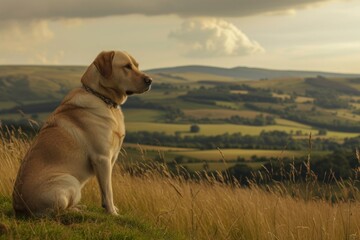 Labrador posing gracefully on the left side of the frame against a backdrop of rolling hills,...