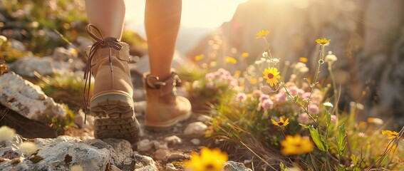 Close up of a female hiker's feet in boots walking on a mountain path with flowers. AI generated illustration - obrazy, fototapety, plakaty