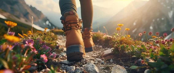 Fotobehang Close up of a female hiker's feet in boots walking on a mountain path with flowers. AI generated illustration © moon