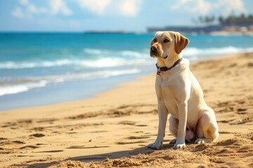 Playful Labrador sitting on the right side of the frame against a sandy beach backdrop, with available space for text on the left (Copy Space).