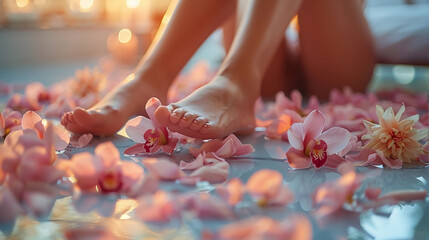 Woman body care. Close up of long female tanned legs with perfect smooth soft skin, pedicure,...