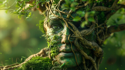 Fototapeta premium Portrait of Mother Earth with tree roots and plants․International Mother Earth Day. Environment and conservation concept. 