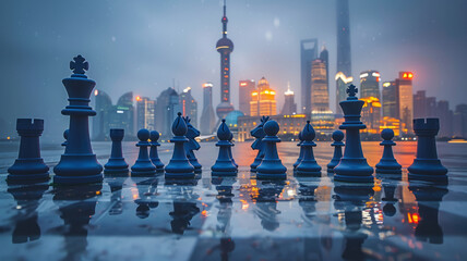Urban skyline: Chess-themed cityscape blends tradition with modernity.generative ai - obrazy, fototapety, plakaty