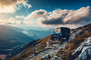 A rugged off road vehicle climbs a steep mountain trail with stunning landscape view.