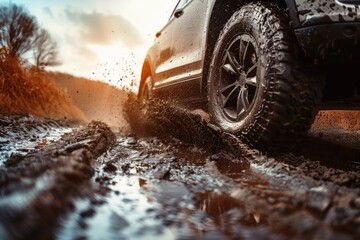An modern SUV driving off road on a dirty track.