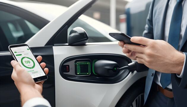 Close up of businessman charging electric car on station and checking process status on modern smartphone. Focus on mobile screen with info from auto app.