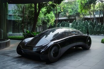 A futuristic electric car with solar panels all over.