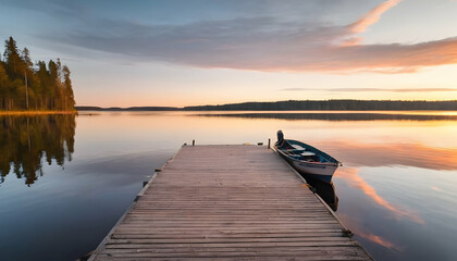Sunset on a lake wooden pier with fishing boat at sunset in finland - obrazy, fototapety, plakaty