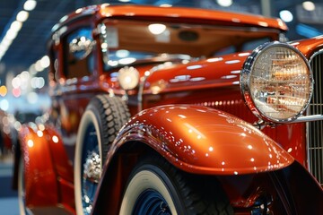 A gleaming meticulously detailed classic car on display at a car show reflecting the spotlights.
