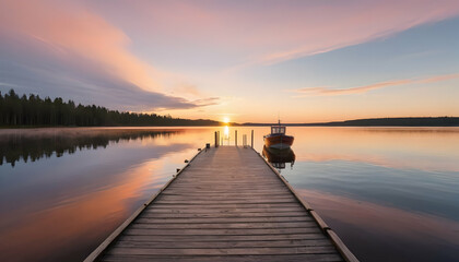Sunset on a lake wooden pier with fishing boat at sunset in finland