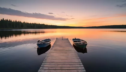 Poster Sunset on a lake wooden pier with fishing boat at sunset in finland © Mian